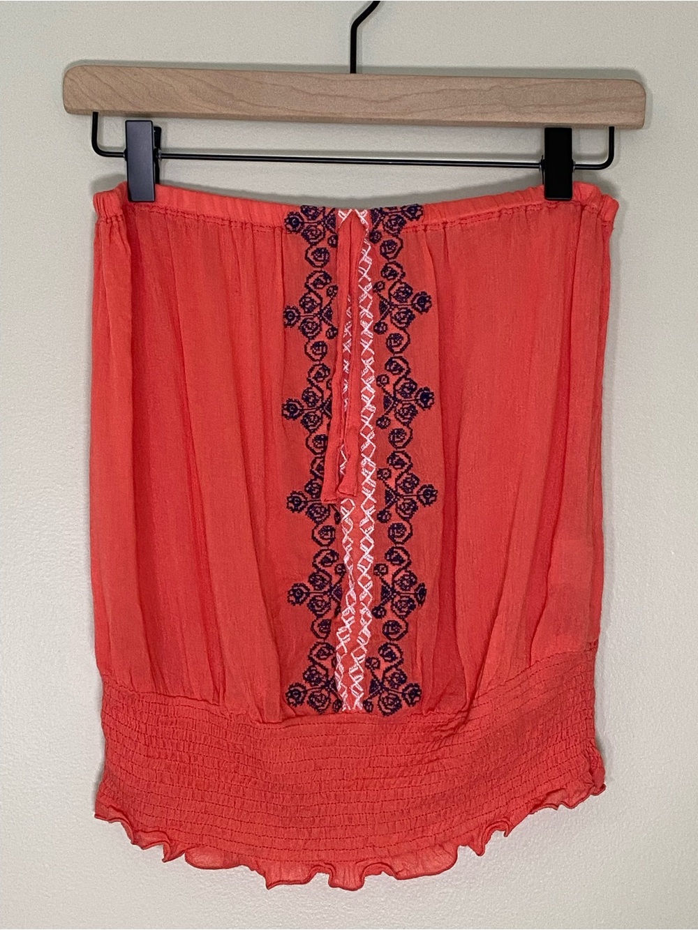 Y2K Coral Orange Embroidered Tube Top Large Strapless Smocked Boho Festival